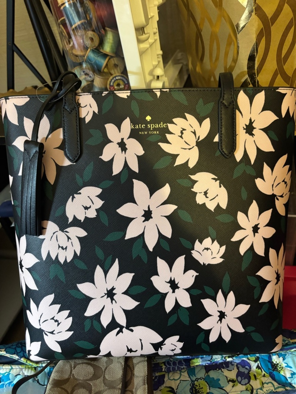 Brand New with Tags Kate Spade Black Tote with Pink Floral Print